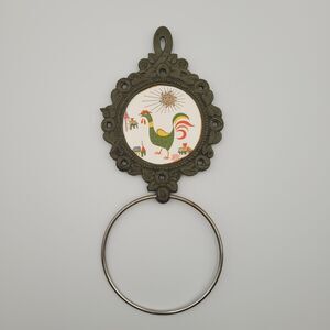 VTG Enesco Rooster Ceramic Tile Cast Iron Towel Ring Farmhouse Kitchen Japan